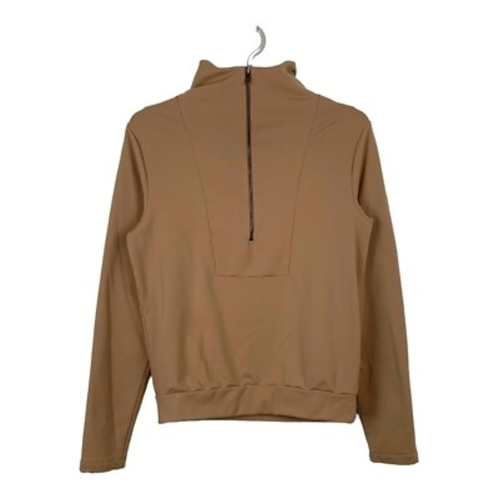 ADAY Women's Zip-Front Pullover Sweater with Contrast Collar - Tan/Brown Size M